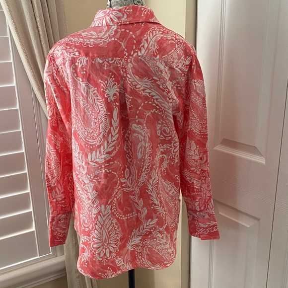 **Talbots Medium Petite Linen Button-Down Shirt - Coral Paisley Print - Picture 3 of 8